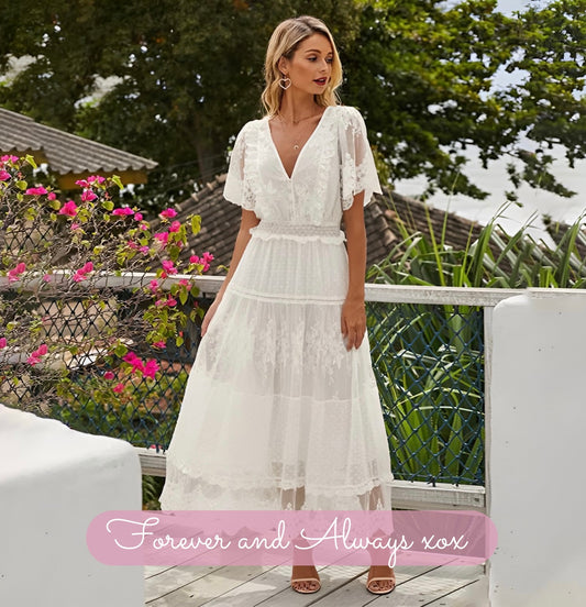 Womens V-Neck Boho Short Sleeve Lace Dress - Forever and Always Boutique